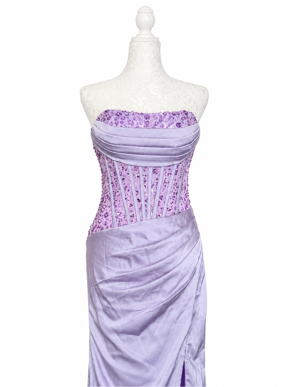 Lavender Strapless Sequin Corset Satin Maxi Gown Dress Size 0 formal party NWT - Picture 4 of 7